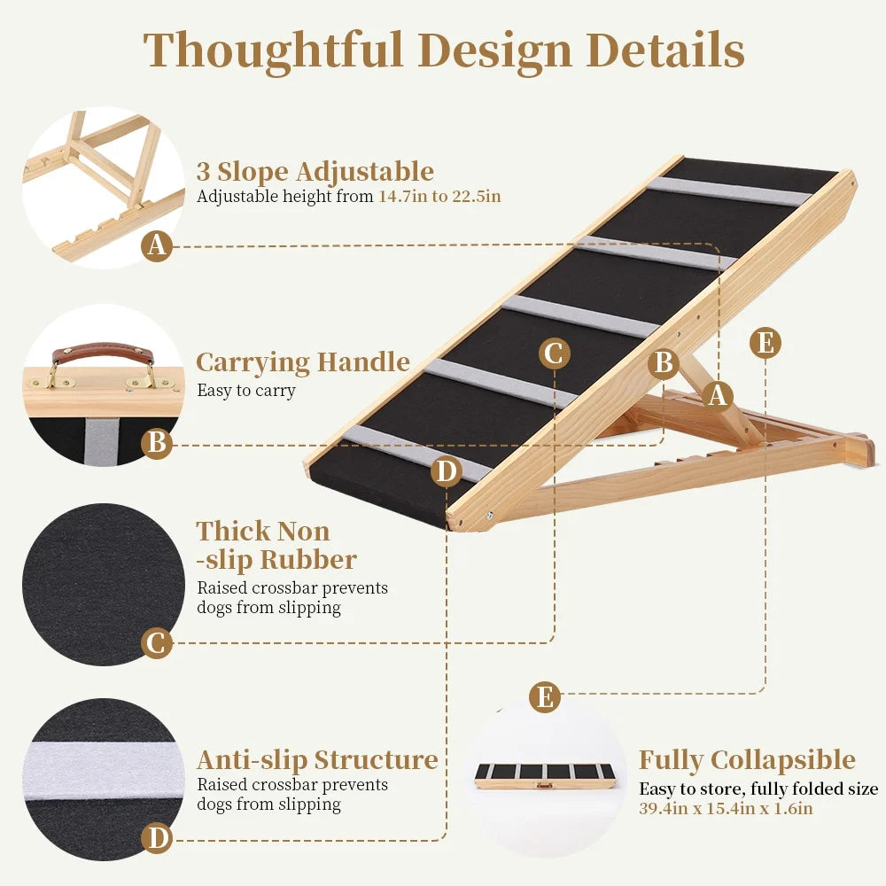 17" Extra Wide Dog Ramp for Couch Bed Car, Adjustable Height Wooden Pet Ramp for Dogs Cats, Stable Foldable Pet Steps (Supports up to 200LBS)