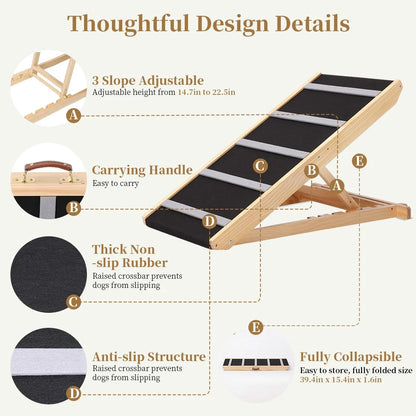17" Extra Wide Dog Ramp for Couch Bed Car, Adjustable Height Wooden Pet Ramp for Dogs Cats, Stable Foldable Pet Steps (Supports up to 200LBS)