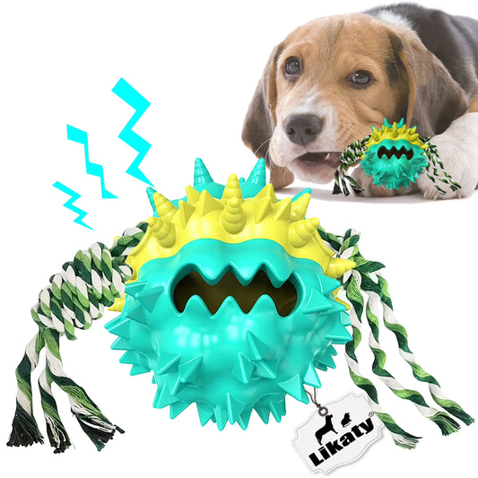 Dog Chew Toys Ball for Aggressive Chewers,  Indestructible Squeaker Dog Toy Puppy Chew Teething Toys for Large Medium Small Dogs,Blue