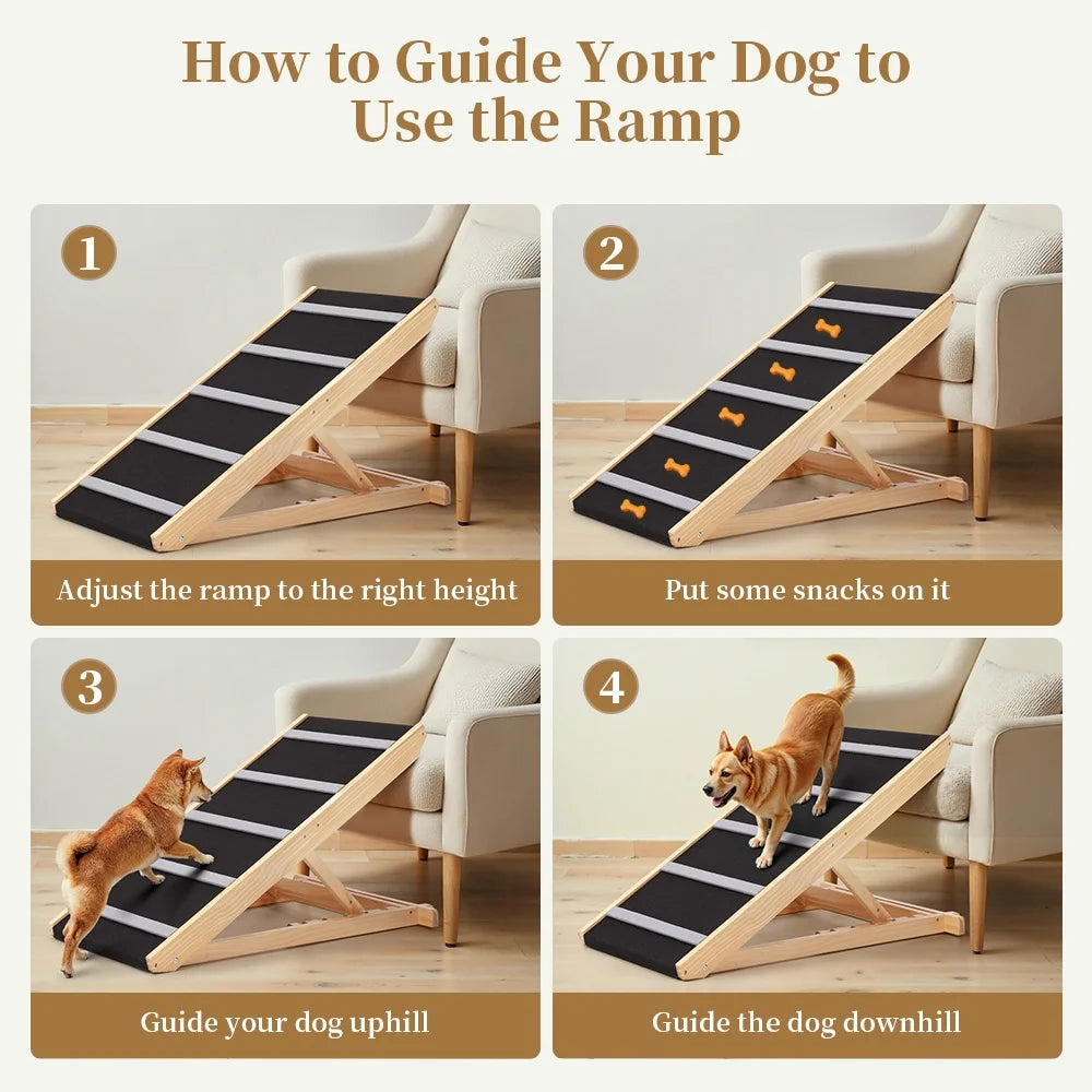 17" Extra Wide Dog Ramp for Couch Bed Car, Adjustable Height Wooden Pet Ramp for Dogs Cats, Stable Foldable Pet Steps (Supports up to 200LBS)