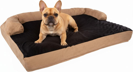 Sofa Dog Bed – 35.5X25.5 Pet Bed - 3-Layer Orthopedic Dog Couch with Cooling Gel, Memory Foam and Neck Bolster (Tan/Black), Large