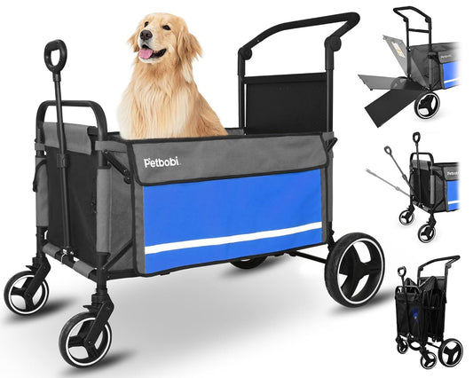 Dog Wagon Stroller for Large & Medium Dogs - 2-In-1 Push-Pull Pet Stroller with Ramp, Foldable All Terrain Wagon Cart, One-Step Brake, Suitable for Outdoor Walks & Camping, Blue