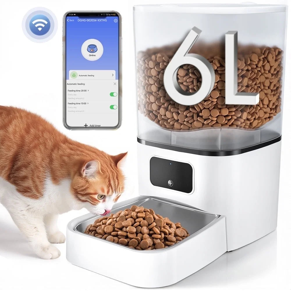 Automatic Cat Feeder,  Wifi Pet Feeder with APP Control for Cat/Dog, 6L Smart Cat Food Dispenser, Dog Feeder with Timed Feeding