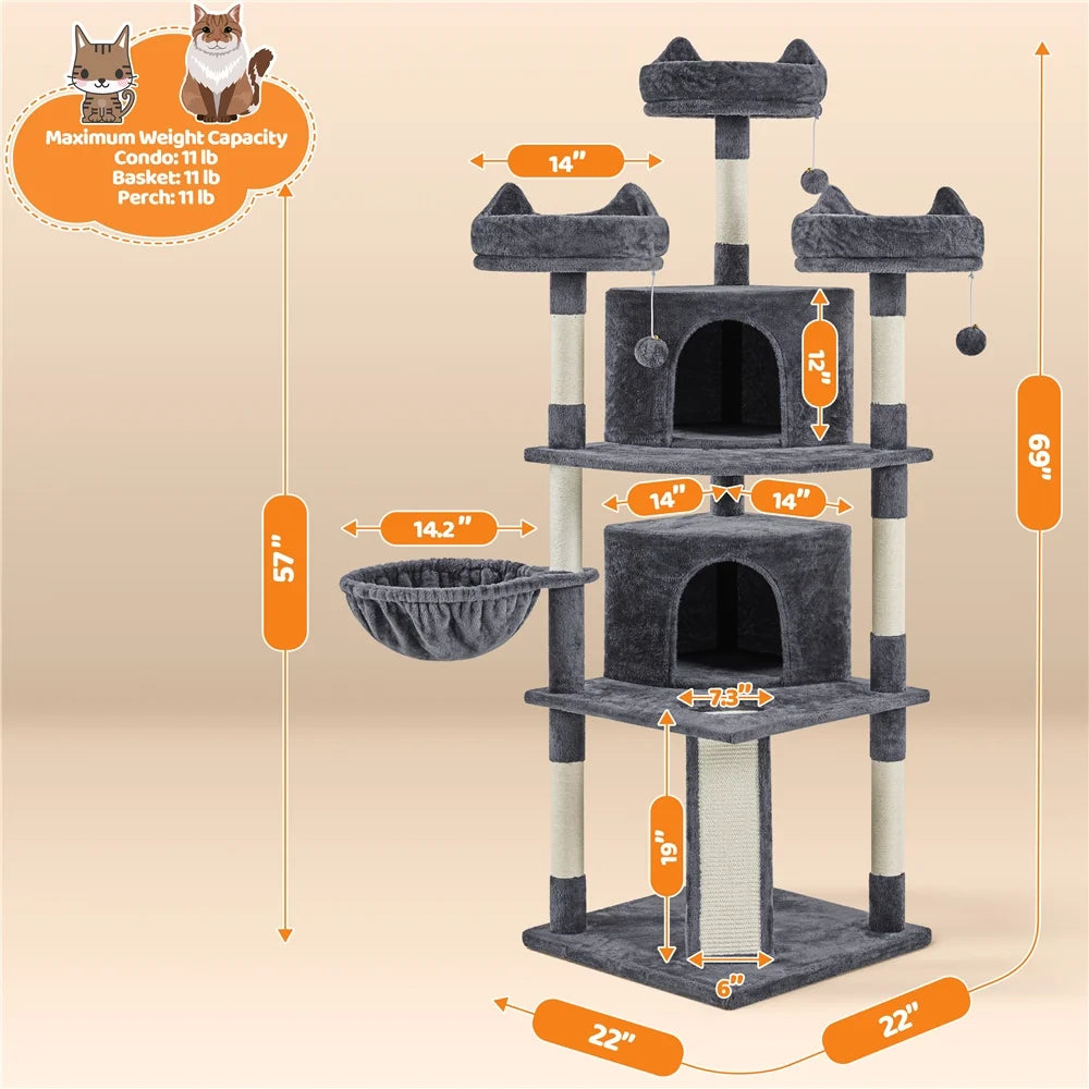 69In Large Cat Tree Tower with Condos & Scratching Board, Dark Gray