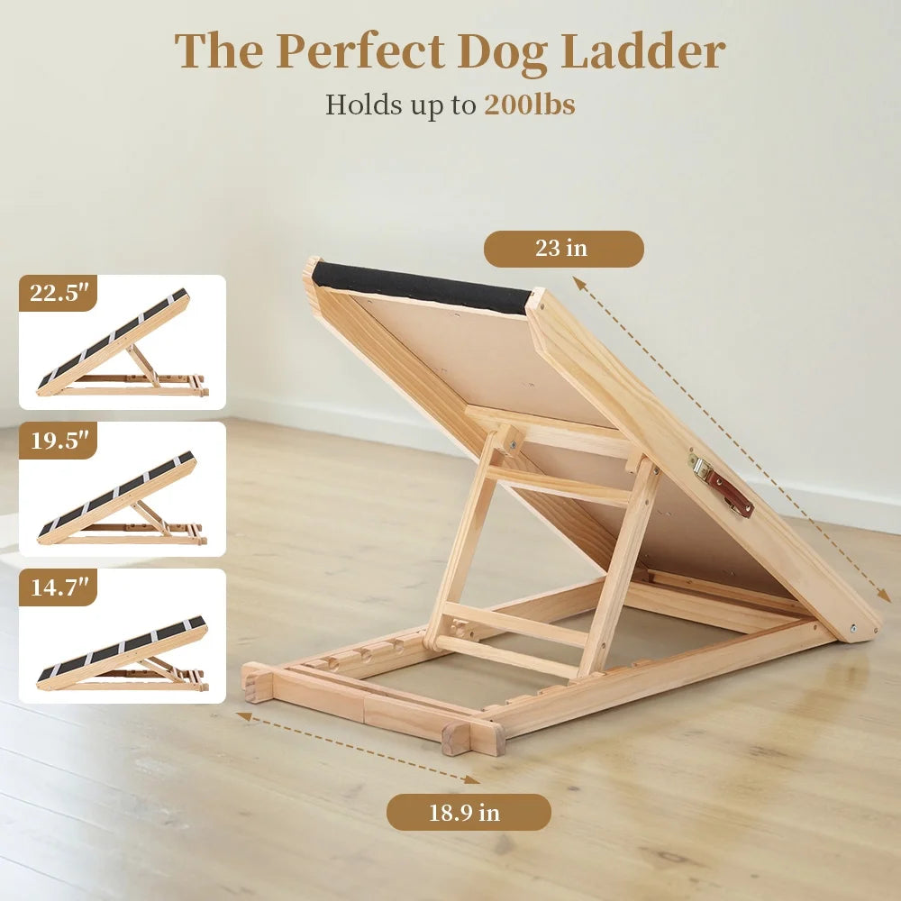 17" Extra Wide Dog Ramp for Couch Bed Car, Adjustable Height Wooden Pet Ramp for Dogs Cats, Stable Foldable Pet Steps (Supports up to 200LBS)