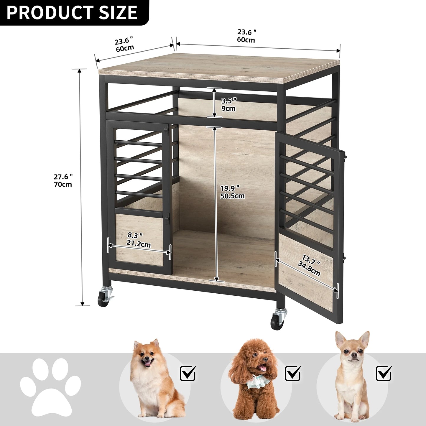 23.6" Dog Crate Furniture Wooden Dog House with Wheels, Dog Kennel Indoor for Small Medium Dogs - Brown & Black