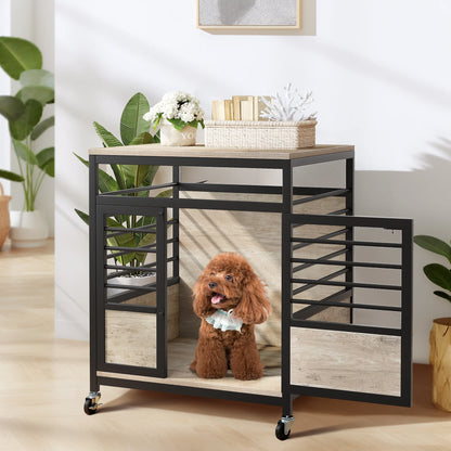 23.6" Dog Crate Furniture Wooden Dog House with Wheels, Dog Kennel Indoor for Small Medium Dogs - Brown & Black