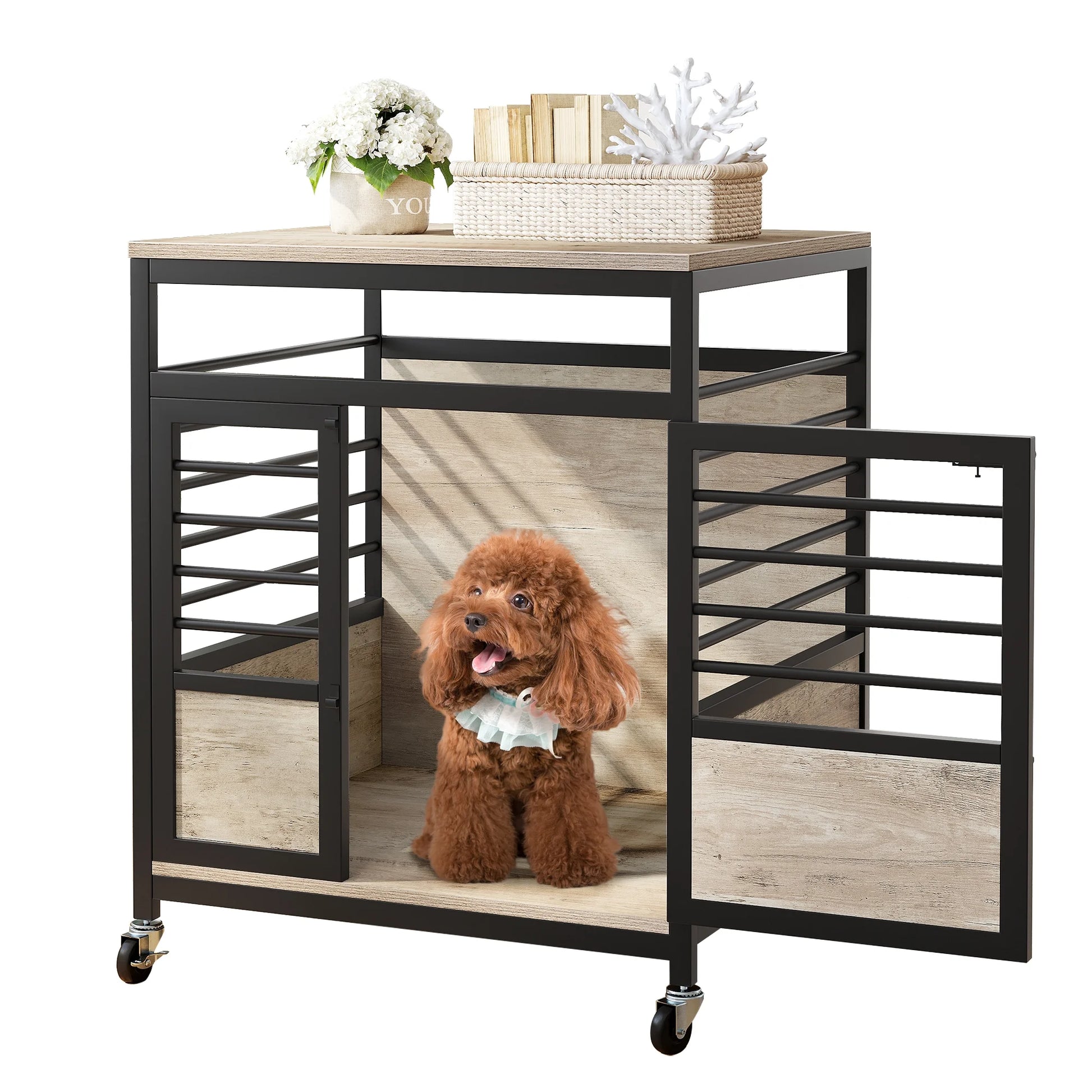 23.6" Dog Crate Furniture Wooden Dog House with Wheels, Dog Kennel Indoor for Small Medium Dogs - Brown & Black