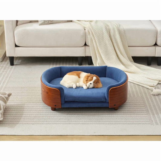 Scandinavian Style Elevated Dog Bed, Pet Sofa with Solid Wood Legs, Bent Wood Back & Velvet Cushion, Small Size