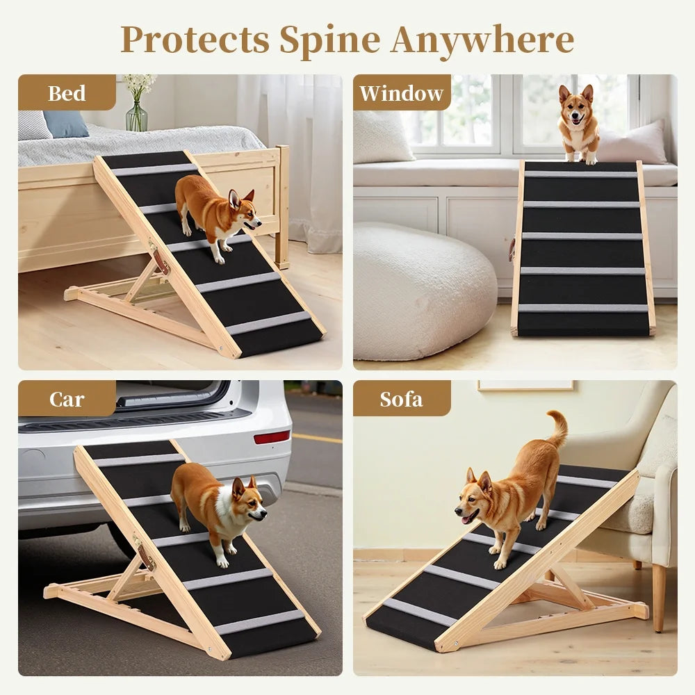 17" Extra Wide Dog Ramp for Couch Bed Car, Adjustable Height Wooden Pet Ramp for Dogs Cats, Stable Foldable Pet Steps (Supports up to 200LBS)
