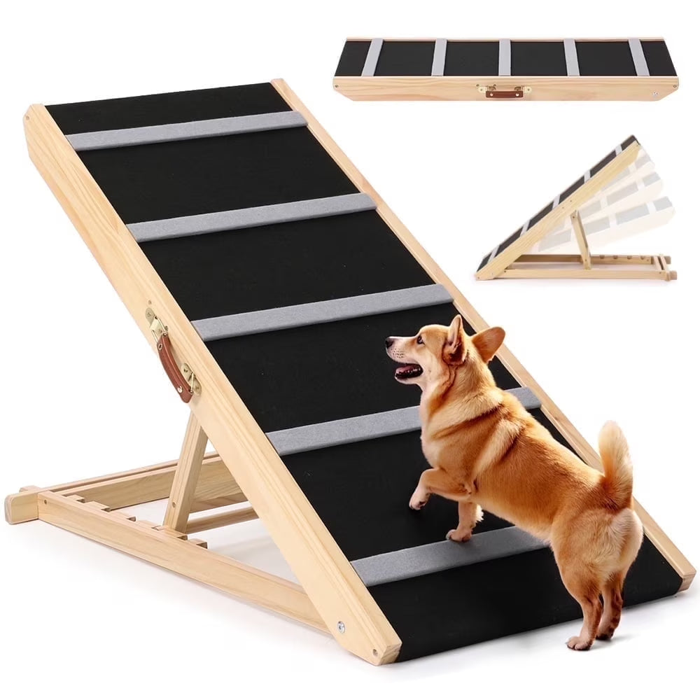 17" Extra Wide Dog Ramp for Couch Bed Car, Adjustable Height Wooden Pet Ramp for Dogs Cats, Stable Foldable Pet Steps (Supports up to 200LBS)