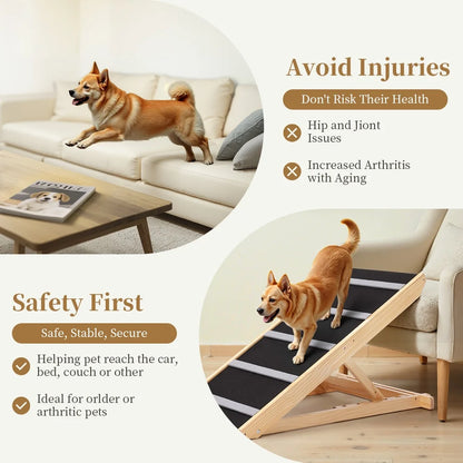 17" Extra Wide Dog Ramp for Couch Bed Car, Adjustable Height Wooden Pet Ramp for Dogs Cats, Stable Foldable Pet Steps (Supports up to 200LBS)
