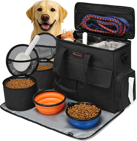 Dog Travel Bag by  - Dog Travel Kit for a Weekend Away Set Includes Pet Travel Bag Organizer for Accessories, 2 Collapsible Bowls, 2 Travel Food Container (Black)