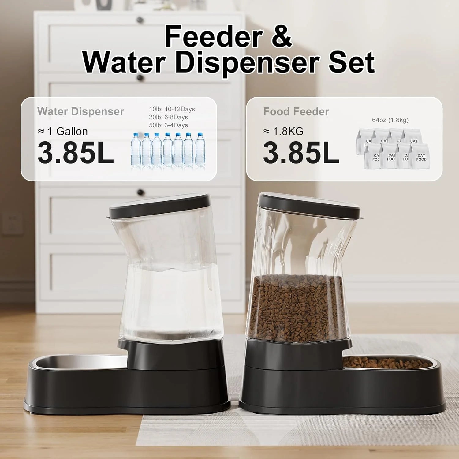 Automatic Cat Feeder and Food Dispenser Gravity Pet Feeder Cat Dog Bowls for Water and Food 2Pcs