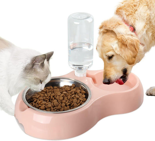 Dog Double Bowls, Pet Water and Food Bowl Set with Automatic Water Dispenser Bottle Detachable Stainless Steel Bowl, Pet Feeding Watering Bowls for Cat, Puppy Rabbit, Plastic, Pink