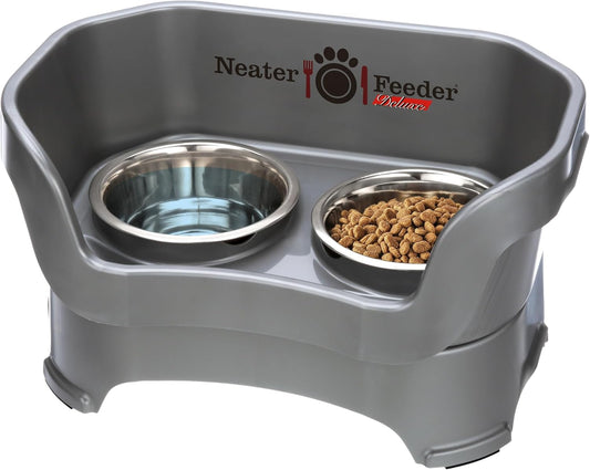Neater Feeder Deluxe Mess Proof Dog Bowls Elevated for Medium Dogs 19-40 Lbs, Made in USA, No Spill Raised Dog Food Bowl Stand Feeding Station, Food and Water Bowl Set, Grey